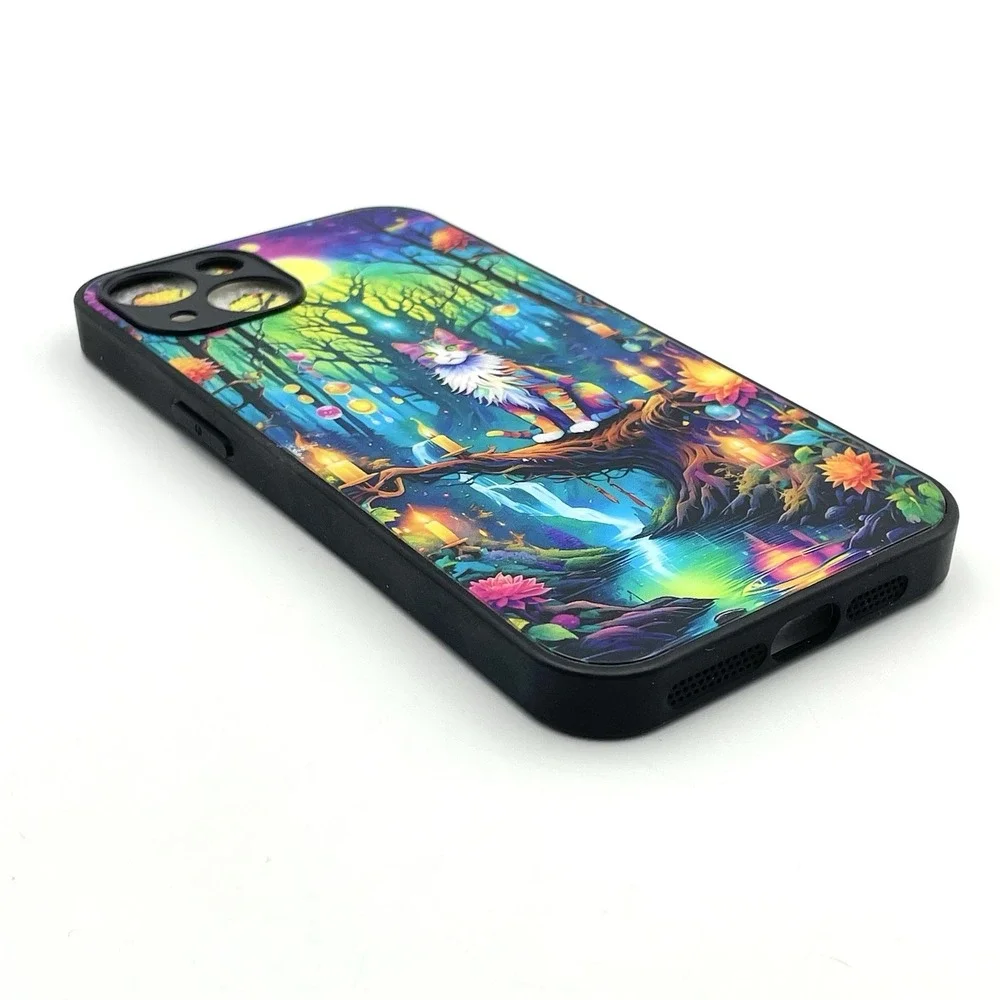 New iPhone 13 Colorful Fantasy Cat Forest Candle‎ Moon Phone Case